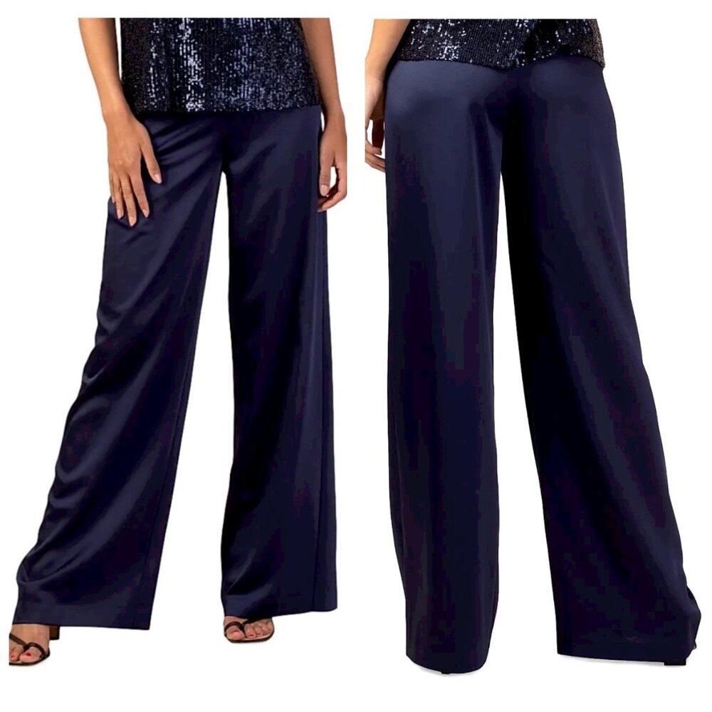 Trina Turk Weekend Navy Satin Wide Leg Pants High Rise Blue 4 2209509SA1